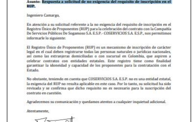 Asunto: Respuesta a solicitud de no exigencia del requisito de inscripción en el RUP.
